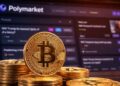 Monedas de bitcoin en primer plano frente a la plataforma de Polymarket, simbolizando cómo las apuestas con dinero real reflejan la percepción del mercado sobre el precio de BTC.
