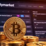 Monedas de bitcoin en primer plano frente a la plataforma de Polymarket, simbolizando cómo las apuestas con dinero real reflejan la percepción del mercado sobre el precio de BTC.