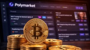 Monedas de bitcoin en primer plano frente a la plataforma de Polymarket, simbolizando cómo las apuestas con dinero real reflejan la percepción del mercado sobre el precio de BTC.