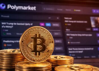 Monedas de bitcoin en primer plano frente a la plataforma de Polymarket, simbolizando cómo las apuestas con dinero real reflejan la percepción del mercado sobre el precio de BTC.