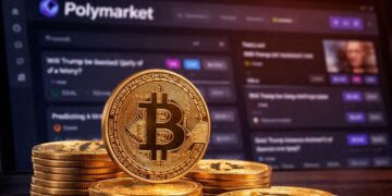 Monedas de bitcoin en primer plano frente a la plataforma de Polymarket, simbolizando cómo las apuestas con dinero real reflejan la percepción del mercado sobre el precio de BTC.