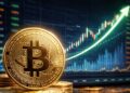 Bitcoin físico dorado sobre monedas con gráfico bursátil alcista al fondo, simbolizando recuperación del mercado.