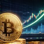 Bitcoin físico dorado sobre monedas con gráfico bursátil alcista al fondo, simbolizando recuperación del mercado.