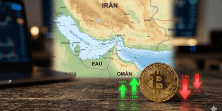En primer plano, moneda física de bitcoin con flechas hacia arriba y hacia abajo. En el fondo: mapa del estrecho de Ormuz.
