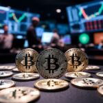 Monedas físicas de bitcoin en primer plano con gráficos de trading y pantallas financieras en el fondo.