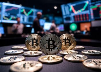 Monedas físicas de bitcoin en primer plano con gráficos de trading y pantallas financieras en el fondo.