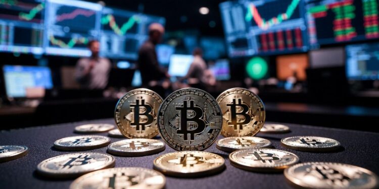 Monedas físicas de bitcoin en primer plano con gráficos de trading y pantallas financieras en el fondo.