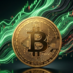 moneda de bitcoin sobre un fondo negro y velas del mercado en alza y en pérdida