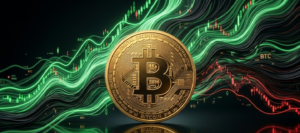 moneda de bitcoin sobre un fondo negro y velas del mercado en alza y en pérdida