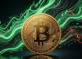 moneda de bitcoin sobre un fondo negro y velas del mercado en alza y en pérdida