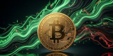 moneda de bitcoin sobre un fondo negro y velas del mercado en alza y en pérdida