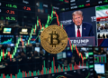 Moneda de bitcoin sobre una imagen con velas del mercado, imagen de trump y bandera de Irán