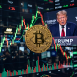 Moneda de bitcoin sobre una imagen con velas del mercado, imagen de trump y bandera de Irán