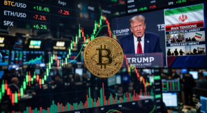 Moneda de bitcoin sobre una imagen con velas del mercado, imagen de trump y bandera de Irán