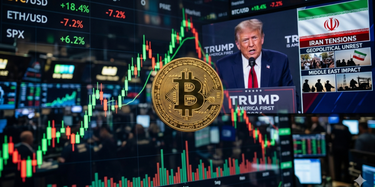 Moneda de bitcoin sobre una imagen con velas del mercado, imagen de trump y bandera de Irán