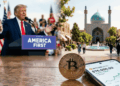 Primer plano: una moneda de Bitcoin junto a un móvil marcando $76.000. Al fondo, a la izquierda, Donald Trump da un discurso con banderas de EE.UU. A la derecha, una plaza pacífica en Irán con una mezquita de cúpula azul y gente paseando bajo el sol. Escena realista de contrastes geopolíticos.