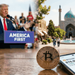Primer plano: una moneda de Bitcoin junto a un móvil marcando $76.000. Al fondo, a la izquierda, Donald Trump da un discurso con banderas de EE.UU. A la derecha, una plaza pacífica en Irán con una mezquita de cúpula azul y gente paseando bajo el sol. Escena realista de contrastes geopolíticos.