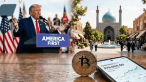 Primer plano: una moneda de Bitcoin junto a un móvil marcando $76.000. Al fondo, a la izquierda, Donald Trump da un discurso con banderas de EE.UU. A la derecha, una plaza pacífica en Irán con una mezquita de cúpula azul y gente paseando bajo el sol. Escena realista de contrastes geopolíticos.