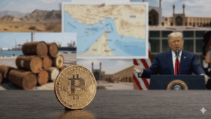 En primer plano: moneda de bitcoin sobre una mesa. En el fondo: imágenes de Donald Trump hablando, barriles de petróleo, paisaje de Irán y un mapa del estrecho de Ormuz.