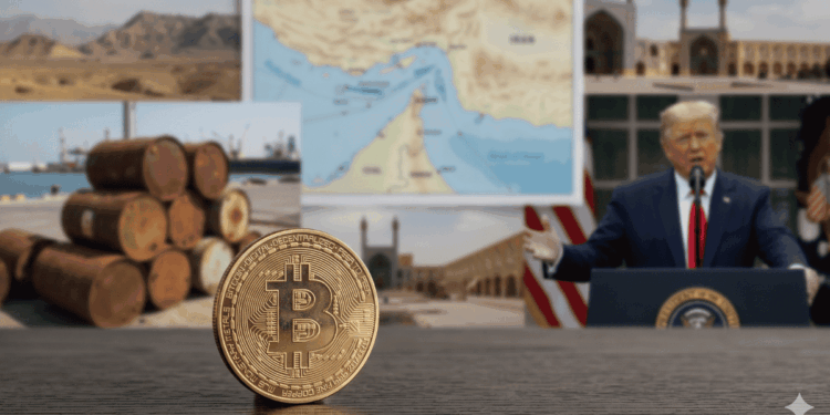 En primer plano: moneda de bitcoin sobre una mesa. En el fondo: imágenes de Donald Trump hablando, barriles de petróleo, paisaje de Irán y un mapa del estrecho de Ormuz.