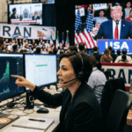 En primer plano, una trader mirando el precio de bitcoin. En el fondo: imágenes genéricas de Irán, Donald Trump dando un discurso y barriles de petróleo.