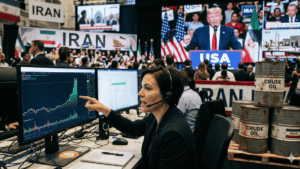 En primer plano, una trader mirando el precio de bitcoin. En el fondo: imรกgenes genรฉricas de Irรกn, Donald Trump dando un discurso y barriles de petrรณleo.