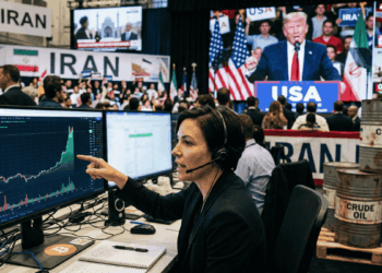En primer plano, una trader mirando el precio de bitcoin. En el fondo: imágenes genéricas de Irán, Donald Trump dando un discurso y barriles de petróleo.
