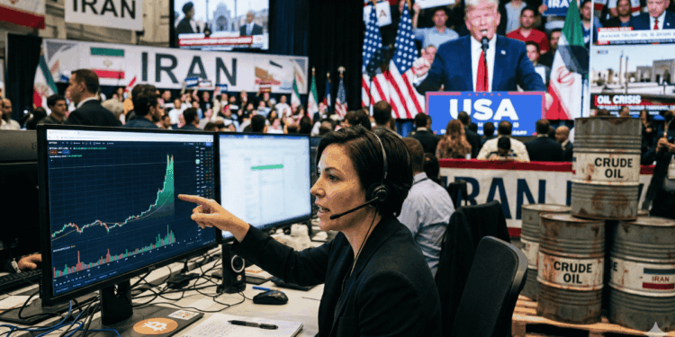 En primer plano, una trader mirando el precio de bitcoin. En el fondo: imágenes genéricas de Irán, Donald Trump dando un discurso y barriles de petróleo.