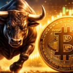 Un toro junto a una moneda física de bitcoin.