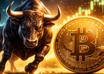 Un toro junto a una moneda física de bitcoin.