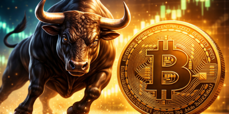 Un toro junto a una moneda física de bitcoin.