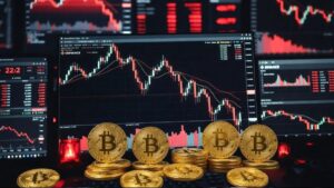 grรกficos rojos en caรญda libre en pantallas de trading con monedas fรญsicas de Bitcoin en primer plano.