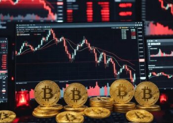 gráficos rojos en caída libre en pantallas de trading con monedas físicas de Bitcoin en primer plano.
