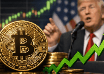 En primer plano: moneda de bitcoin con flechas verdes que indican subida de precio. En el fondo: el presidente Donald Trump hablando.