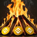 Una imagen horizontal realista que muestra un montón de monedas doradas ardiendo intensamente sobre un suelo de grava, con llamas naranjas brillantes surgiendo de la parte superior, simbolizando quema de criptomonedas.