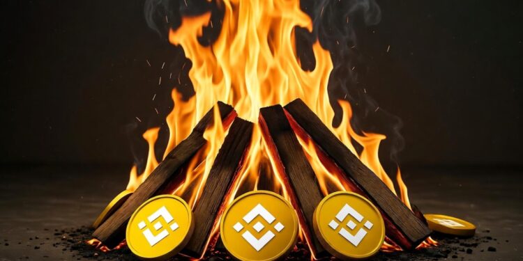 Una imagen horizontal realista que muestra un montón de monedas doradas ardiendo intensamente sobre un suelo de grava, con llamas naranjas brillantes surgiendo de la parte superior, simbolizando quema de criptomonedas.