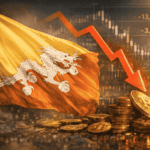 Bandera de Bután junto a monedas de bitcoin y una gráfica con flecha descendente que simboliza la caída de reservas.