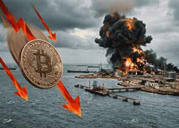 En primer plano, moneda de bitcoin cayendo con flechas rojas hacia abajo. En el fondo, la isla Kharg con explosiones.