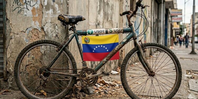 Una bicicleta en mal estado que tiene el logo de USDT, dólares y la bandera de Venezuela.