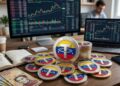 Monedas de USDT con la bandera de Venezuela sobre un escritorio y gráficas alrededor.