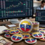 Monedas de USDT con la bandera de Venezuela sobre un escritorio y grรกficas alrededor.