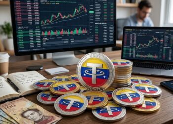 Monedas de USDT con la bandera de Venezuela sobre un escritorio y gráficas alrededor.