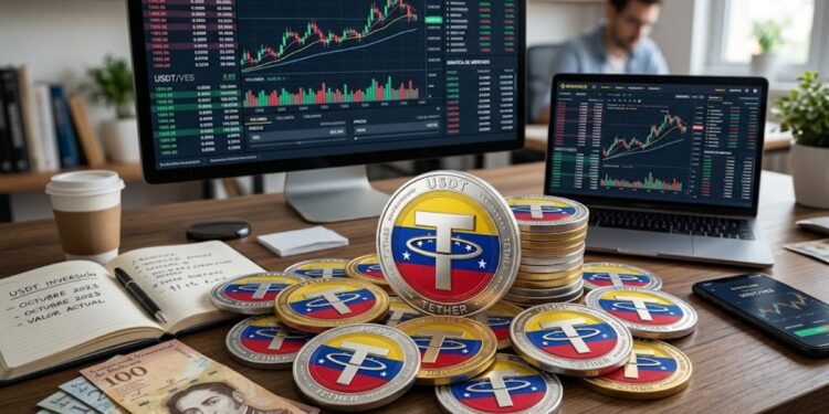 Monedas de USDT con la bandera de Venezuela sobre un escritorio y gráficas alrededor.