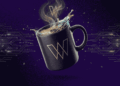 Taza con el logo de wARS en el medio de la red de criptomonedas.