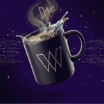 Taza con el logo de wARS en el medio de la red de criptomonedas.