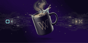 Taza con el logo de wARS en el medio de la red de criptomonedas.