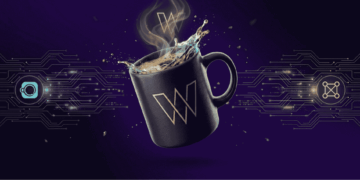 Taza con el logo de wARS en el medio de la red de criptomonedas.