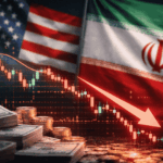 Gráfico financiero descendente con banderas de Estados Unidos e Irán de fondo y elementos de mercados en caída.