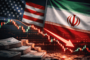 Gráfico financiero descendente con banderas de Estados Unidos e Irán de fondo y elementos de mercados en caída.