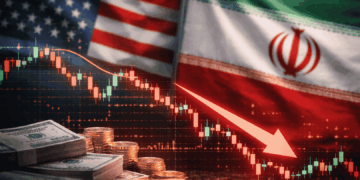 Gráfico financiero descendente con banderas de Estados Unidos e Irán de fondo y elementos de mercados en caída.